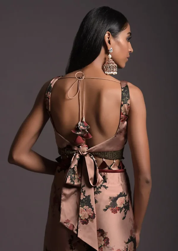 Copper Peach Saree In Satin With Floral Print And Olive Sequins Embellished Crop Top - Image 6