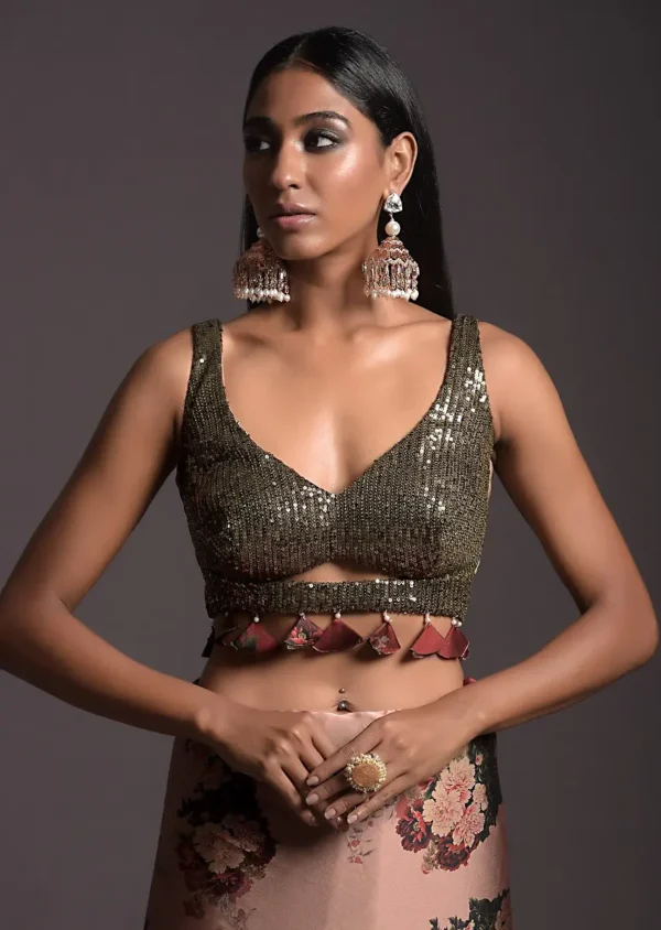 Copper Peach Saree In Satin With Floral Print And Olive Sequins Embellished Crop Top - Image 5