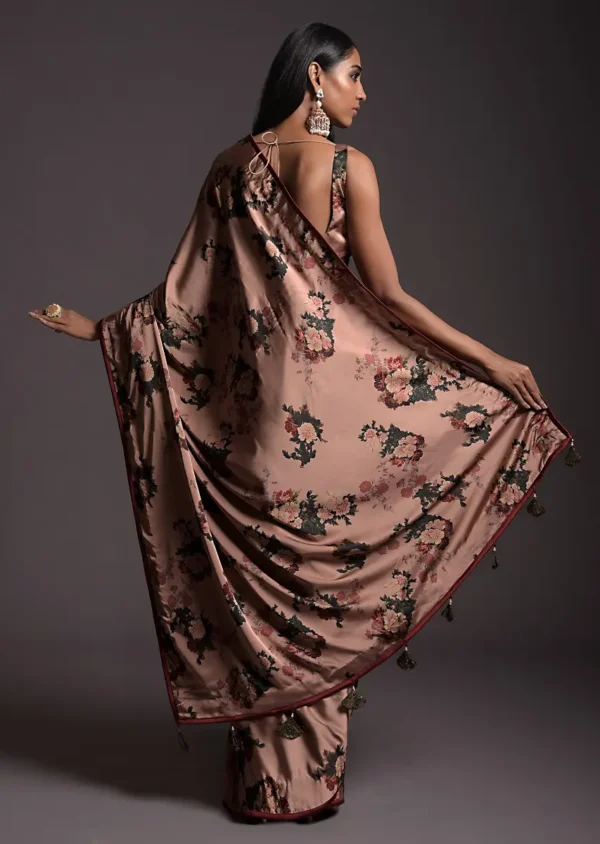 Copper Peach Saree In Satin With Floral Print And Olive Sequins Embellished Crop Top - Image 4