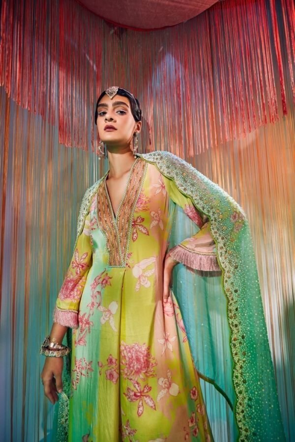 Lime Yellow Orchid Front Pleat Kurta Set - Image 3