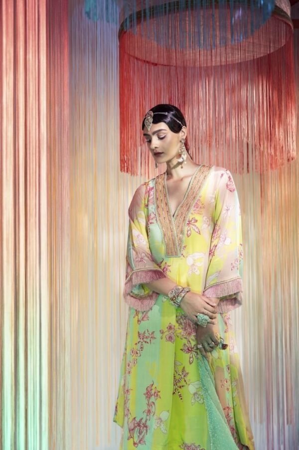 Lime Yellow Orchid Front Pleat Kurta Set - Image 4