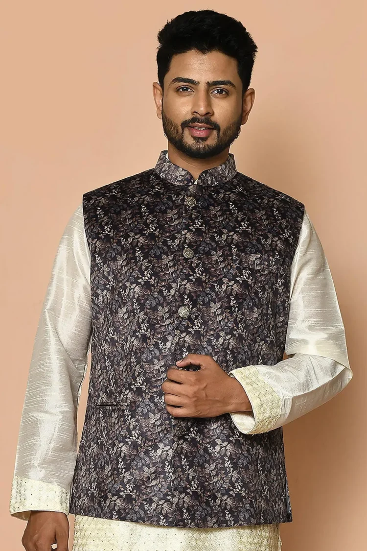 Digital Printed Velvet Nehru Jacket in Grey