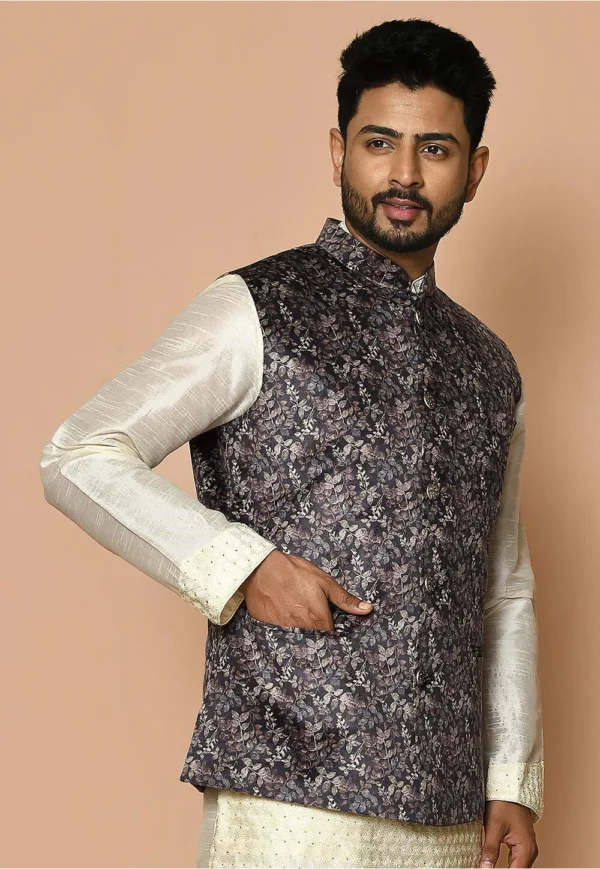 Digital Printed Velvet Nehru Jacket in Grey - Image 4