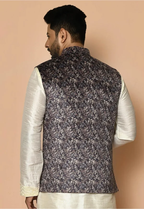 Digital Printed Velvet Nehru Jacket in Grey - Image 3