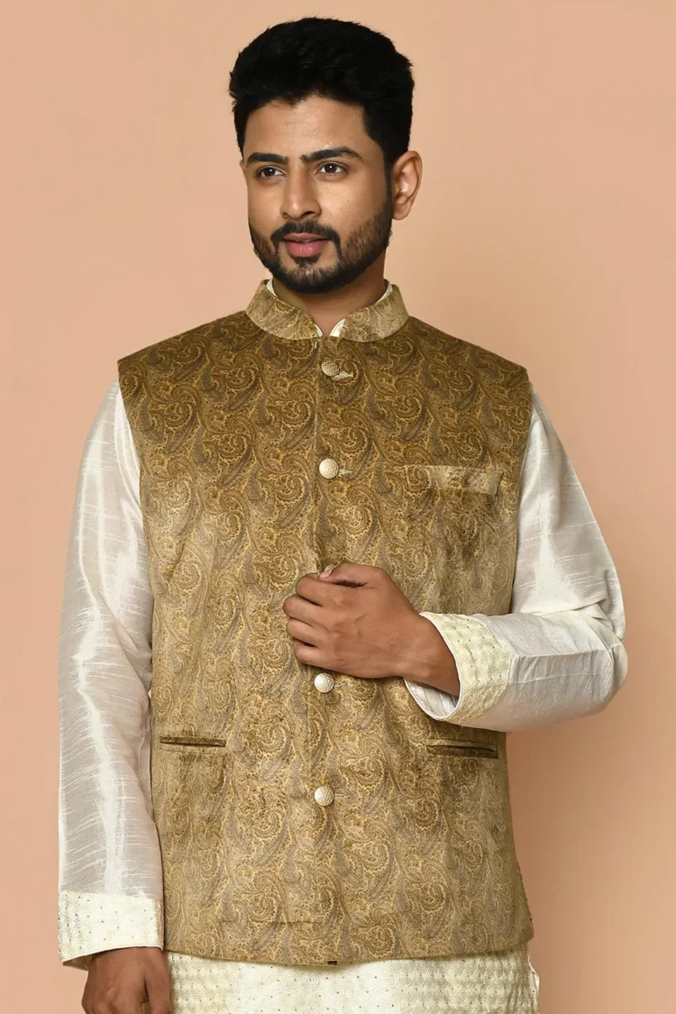 Digital Printed Velvet Nehru Jacket in Mustard