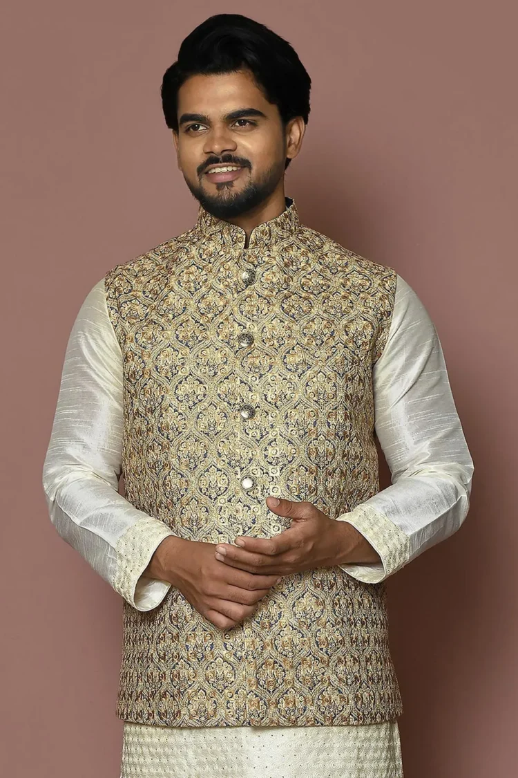 Embroidered Cotton Nehru Jacket in Beige and Blue