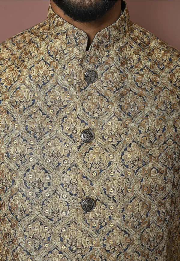 Embroidered Cotton Nehru Jacket in Beige and Blue - Image 5