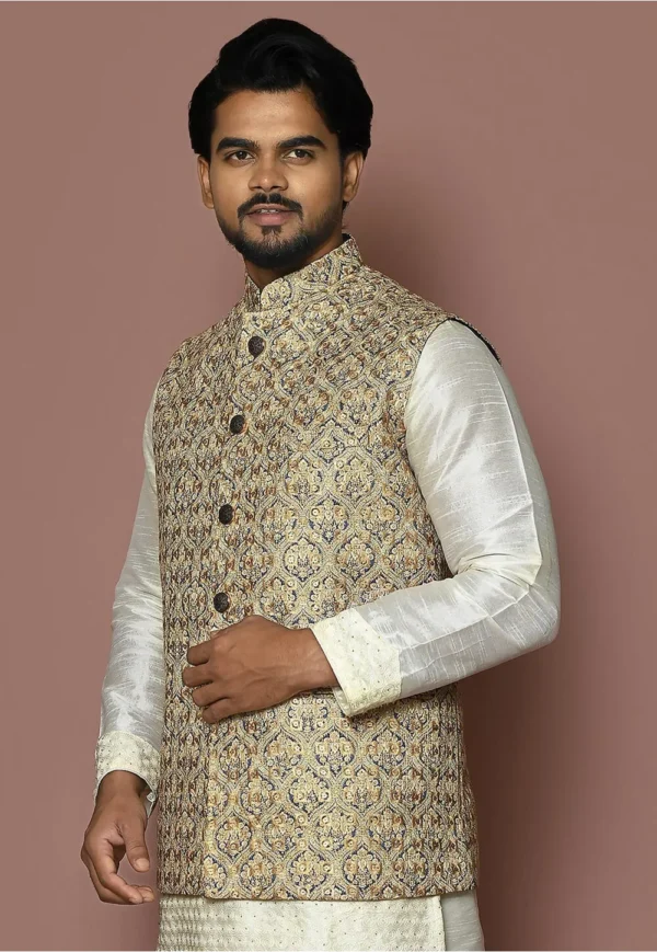 Embroidered Cotton Nehru Jacket in Beige and Blue - Image 4