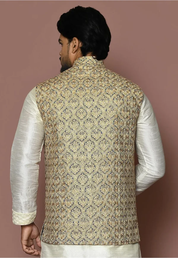 Embroidered Cotton Nehru Jacket in Beige and Blue - Image 3