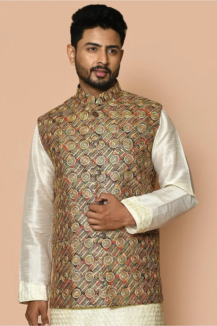 Embroidered Cotton Nehru Jacket in Multicolor