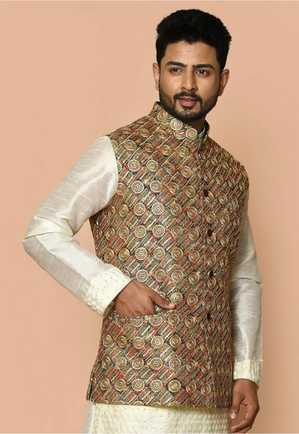 Embroidered Cotton Nehru Jacket in Multicolor - Image 4