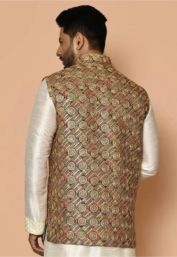 Embroidered Cotton Nehru Jacket in Multicolor - Image 3