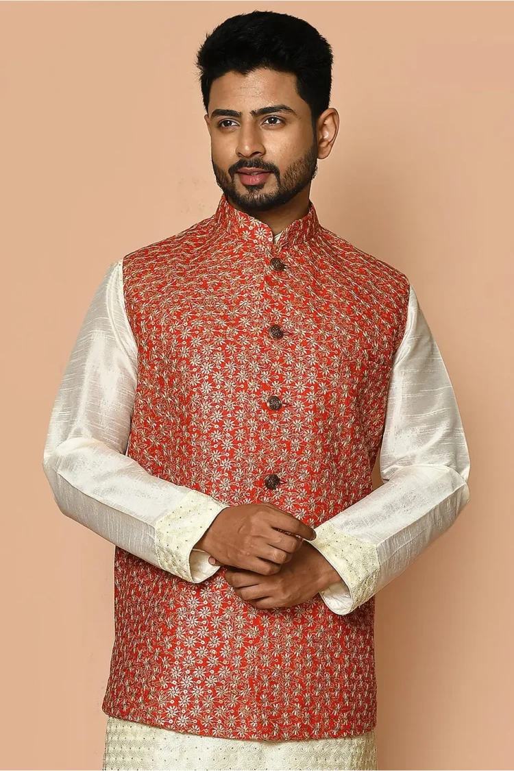 Embroidered Cotton Nehru Jacket in Red
