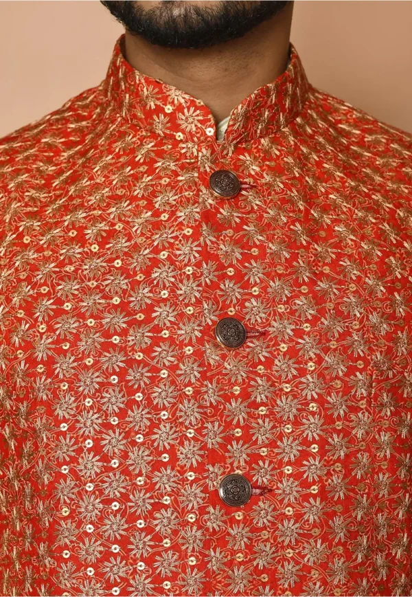 Embroidered Cotton Nehru Jacket in Red - Image 5