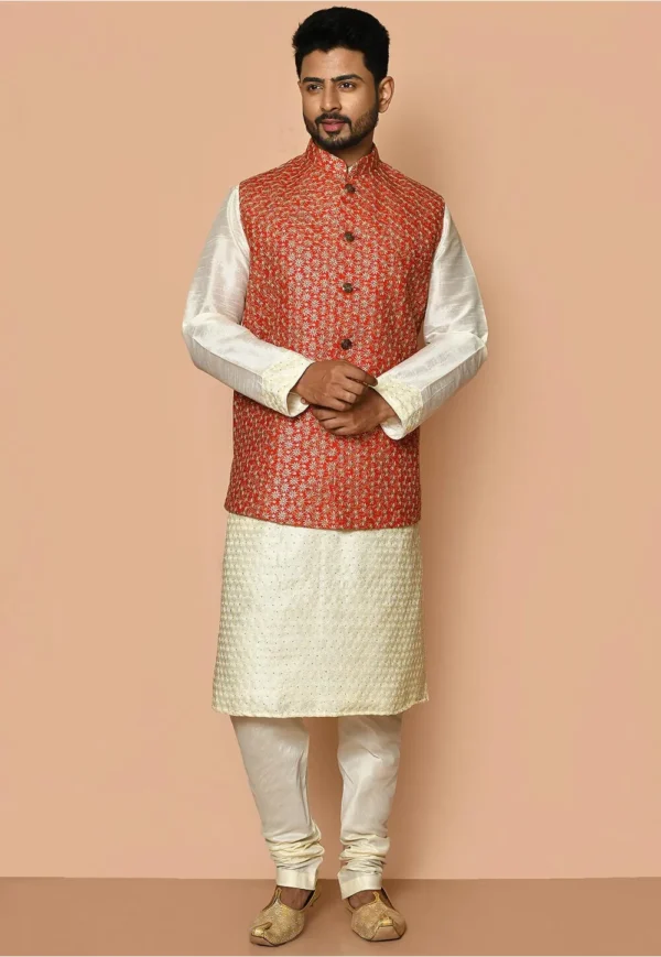 Embroidered Cotton Nehru Jacket in Red - Image 2