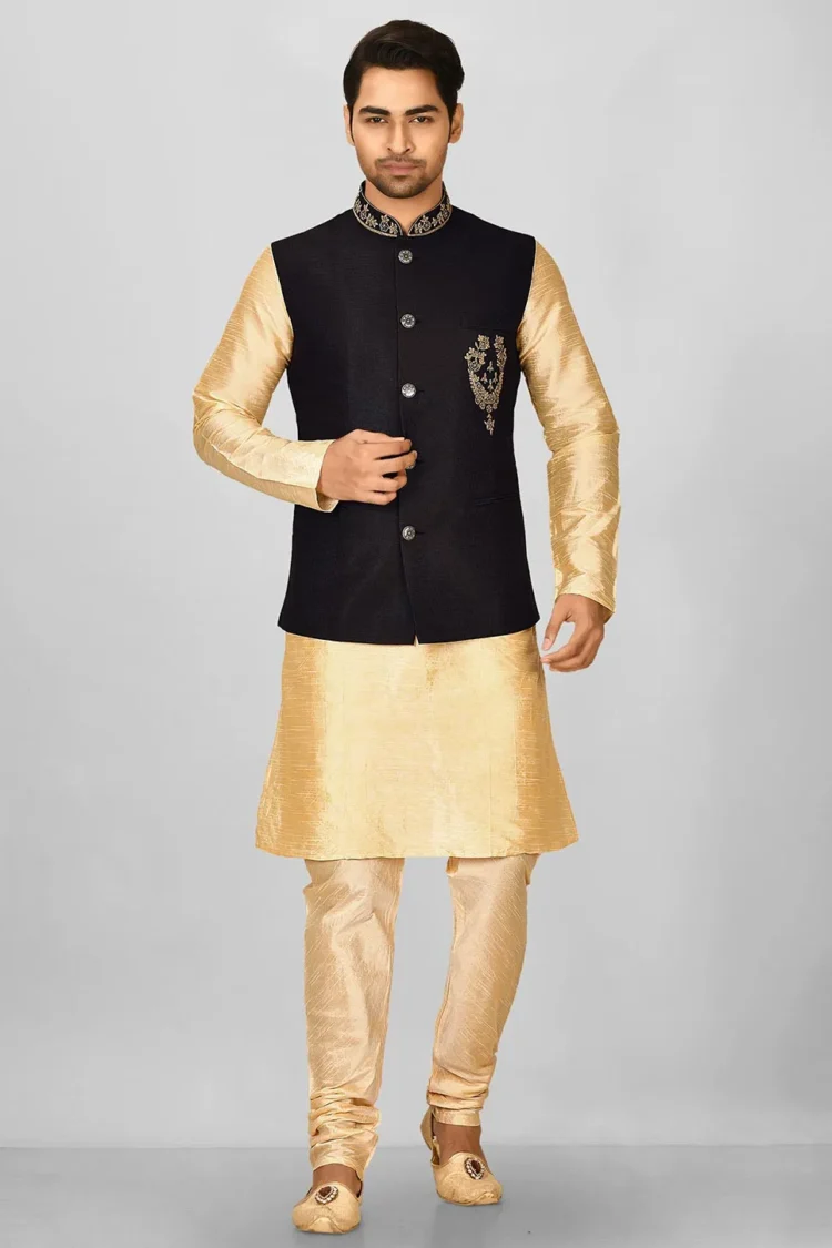 Embroidered Polyester Knitted Nehru Jacket in Black