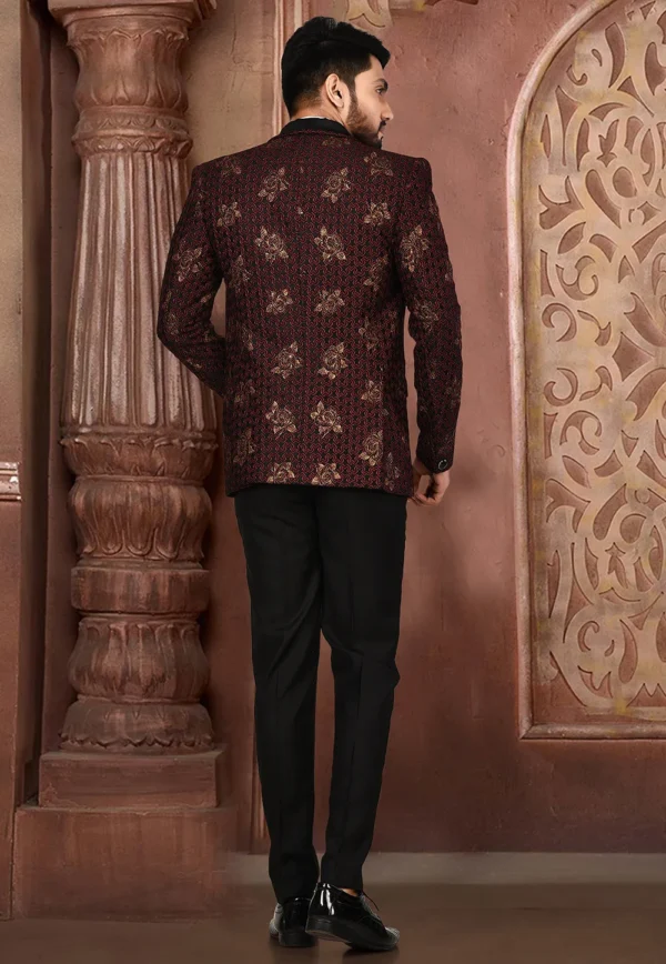 Golden Printed Polyester Lycra Tuxedo in Black and Maroon - Image 2