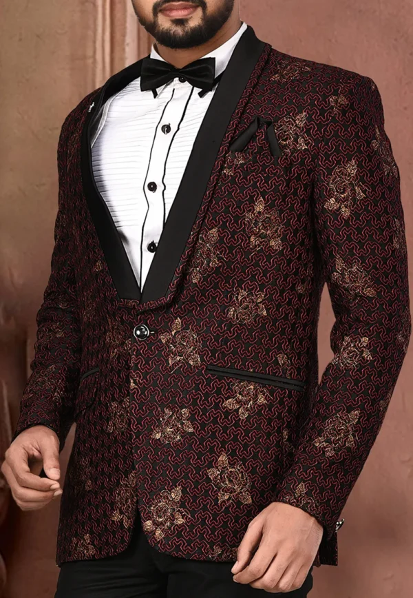 Golden Printed Polyester Lycra Tuxedo in Black and Maroon - Image 3