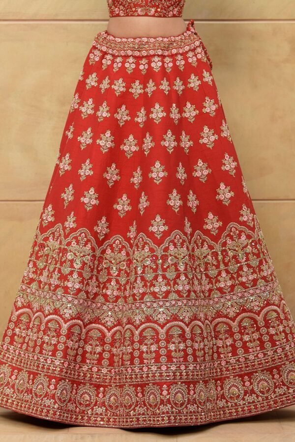 Persian Red Zari Embroidered Raw Silk Bridal Lehenga - Image 6
