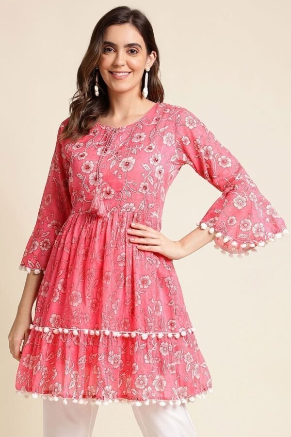 Tempting Cotton Fabric Pink Color Readymade Short Kurti With Printed Work - Image 2
