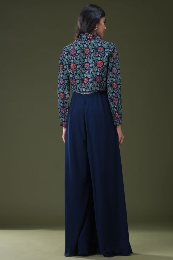 Dark Prussian Blue Abla Embroidered Georgette Jumpsuit - Image 4