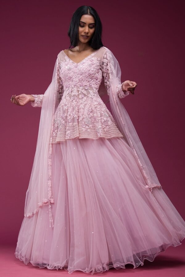 Light Pink Sequins Embroidered Net Designer Lehenga - Image 3