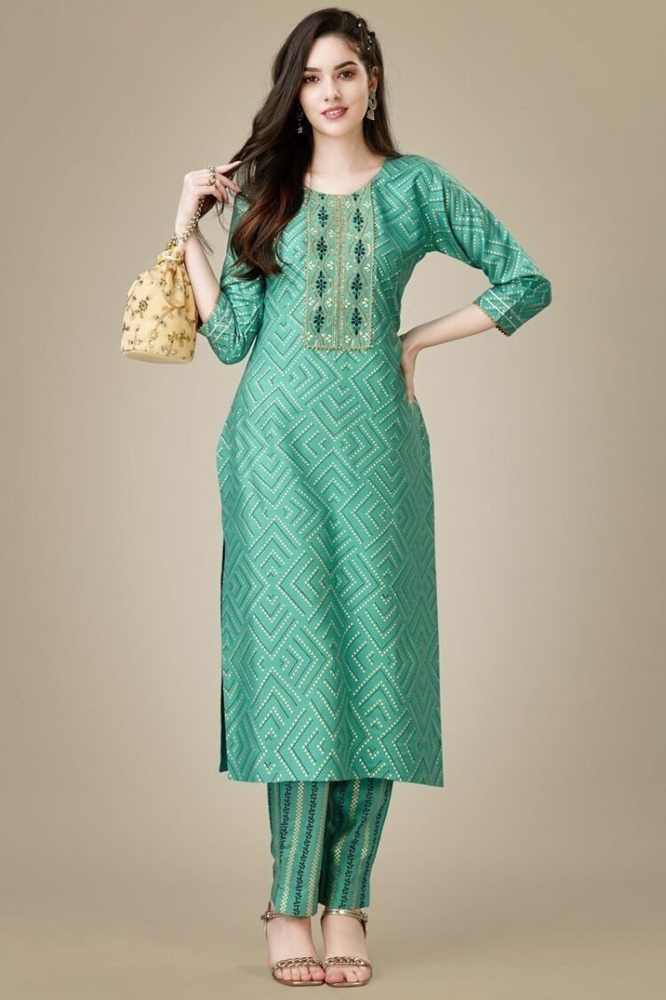 Radiant Sea Green Color Rayon Fabric Readymade Kurti With Pant
