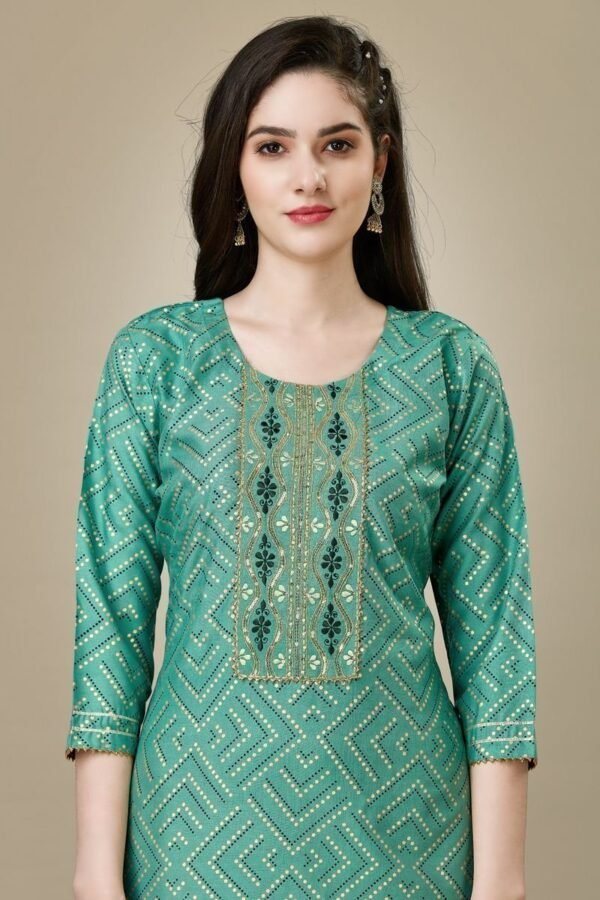 Radiant Sea Green Color Rayon Fabric Readymade Kurti With Pant - Image 2