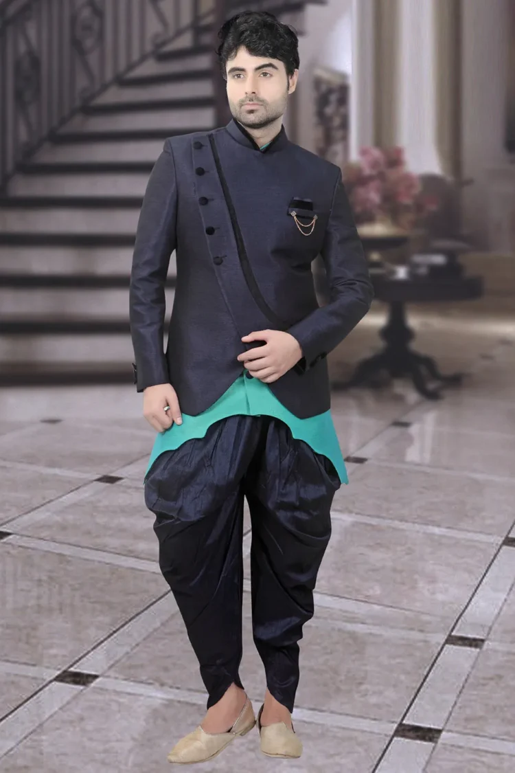 Jodhpuri Style Art Silk Bandhgala in Turquoise
