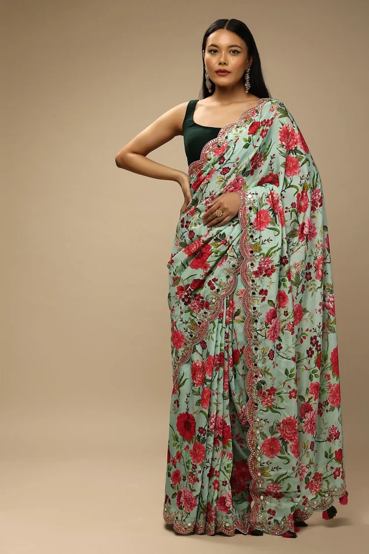 Mint Saree In Cotton Silk With Contrasting Floral Print And Gotta Embroidered Scallop Border
