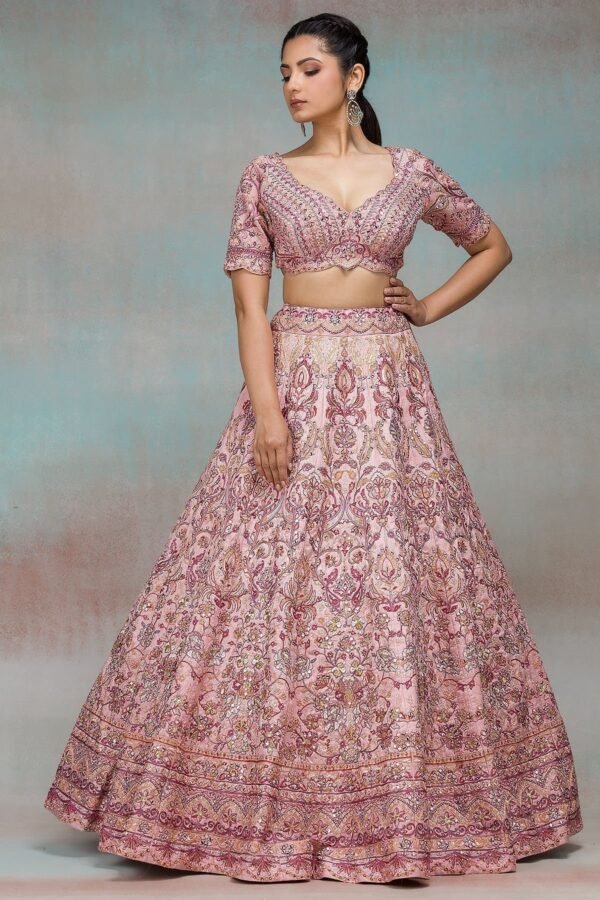Peach Mirror Embroidered Raw Silk Bridesmaid Lehenga - Image 2
