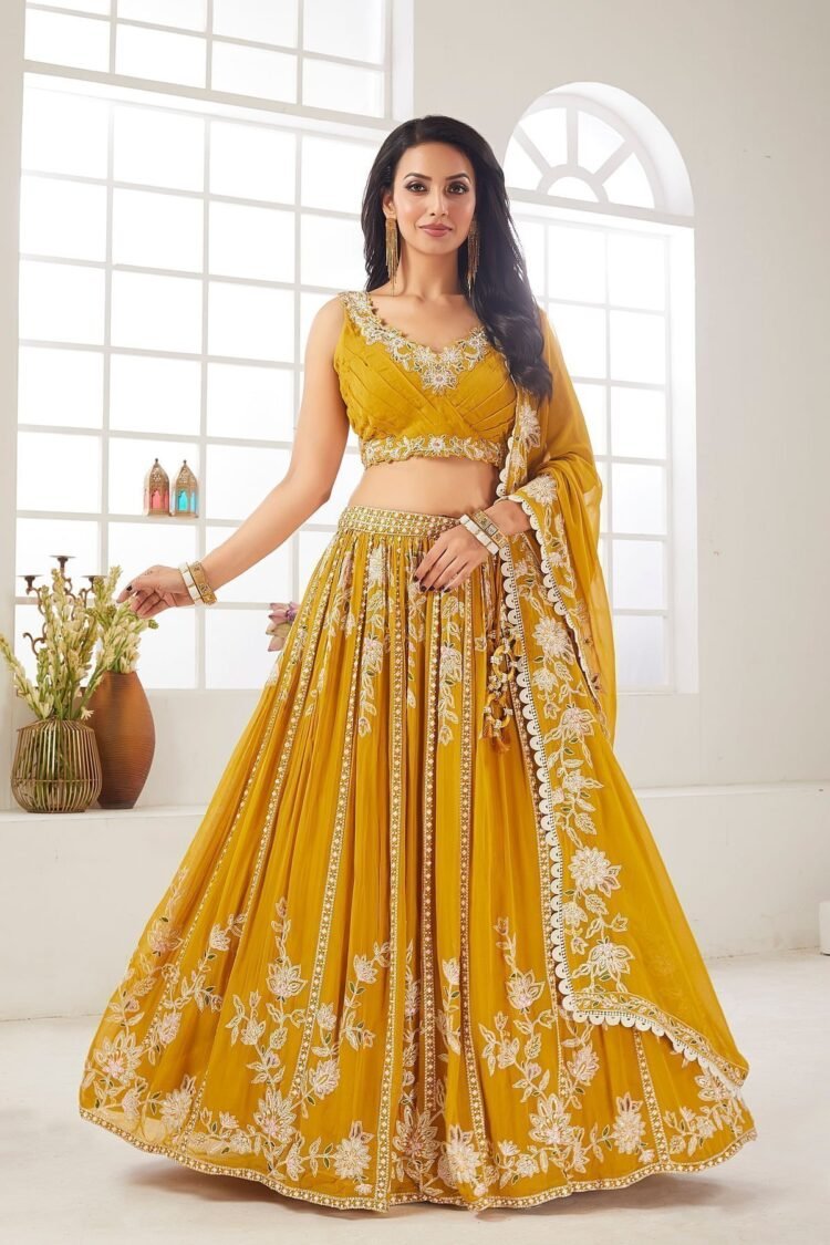 Spectra Yellow Sequins Embroidered Georgette Crop Top Lehenga