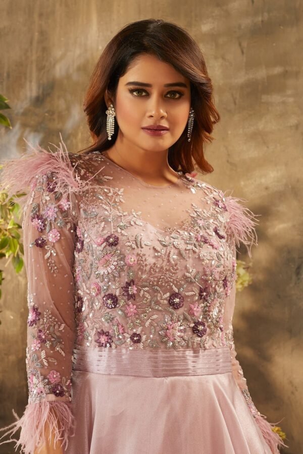 Bridal Rose Pink Sequins Embroidered Shimmer Organza Cocktail Gown - Image 3
