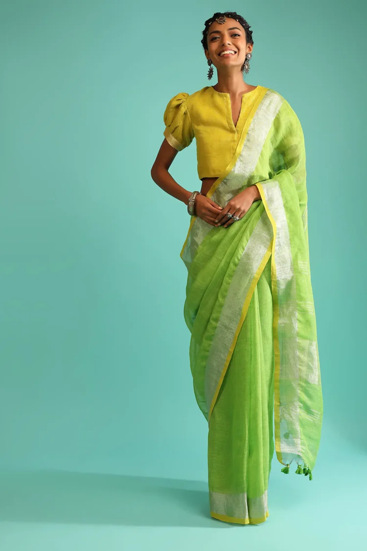 parrot-green-saree-in-linen-with-silver-brocade-border-and-striped-pallu-along-with-y
