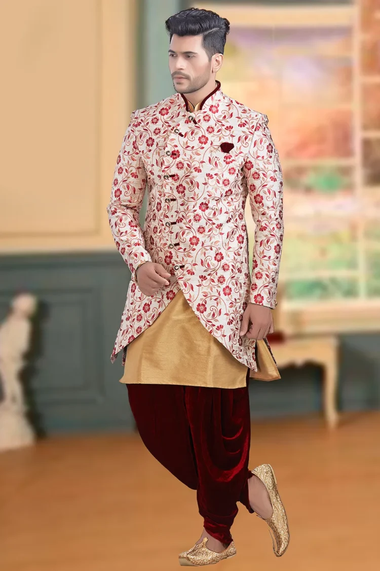 Plain Brocade Jodhpuri Suit in Off White