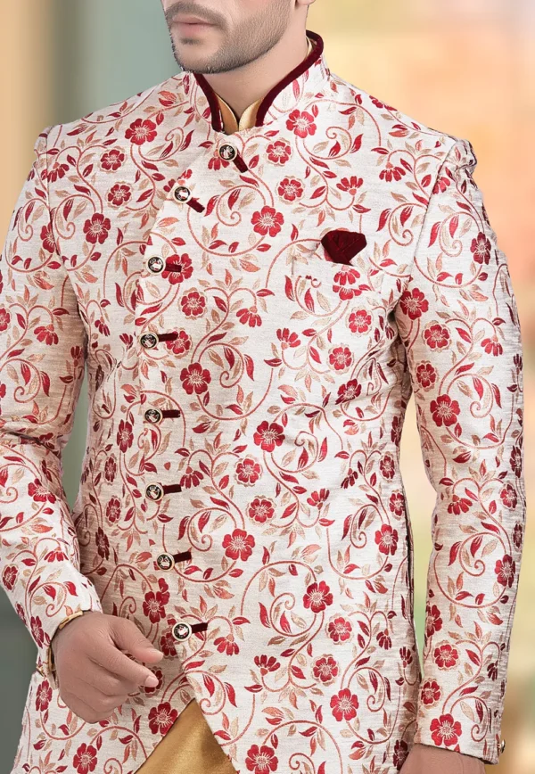 Plain Brocade Jodhpuri Suit in Off White - Image 3