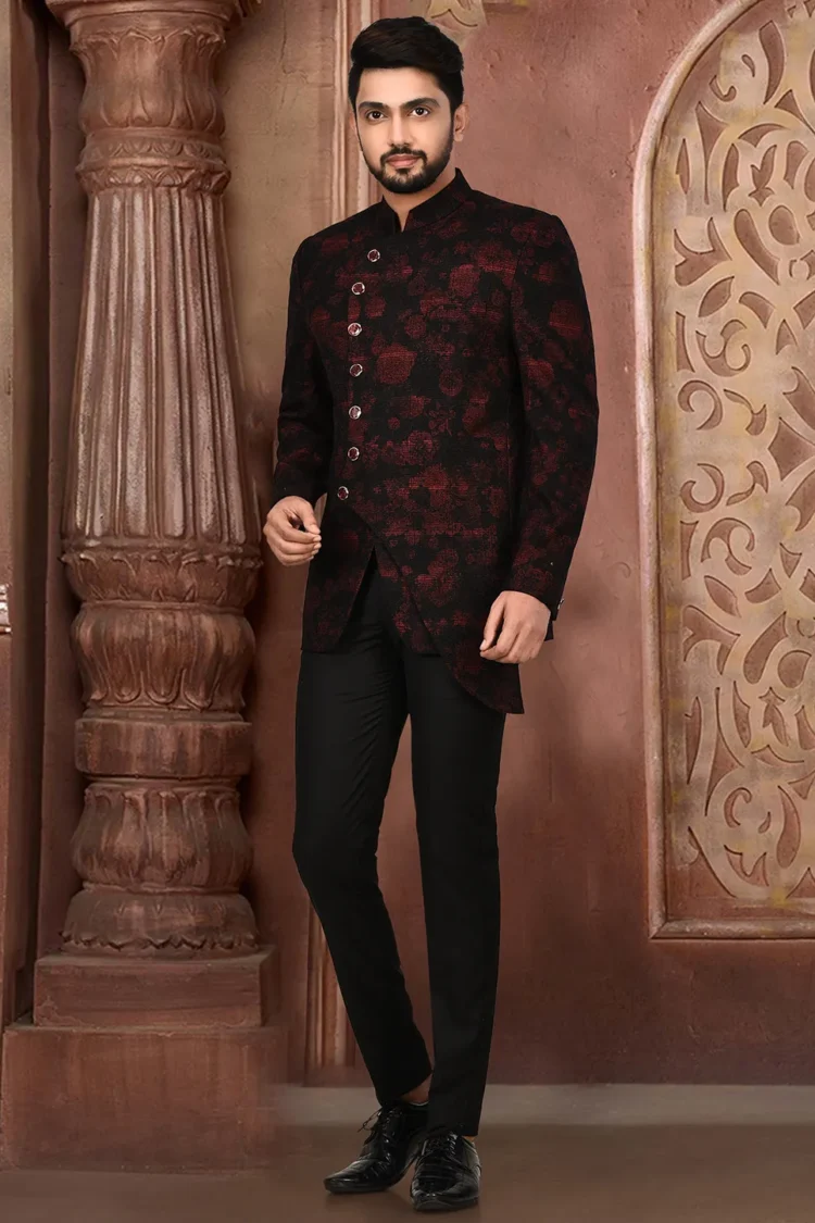 Printed Acrylic Cotton Suit Set in Maroon and Black