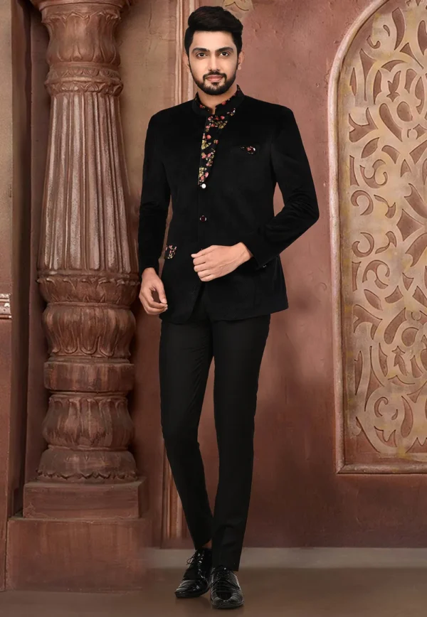 Printed Velvet Suit Set in Black