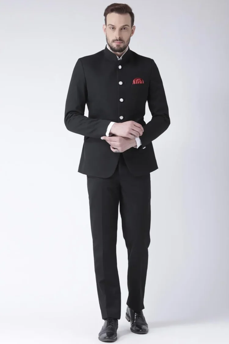 Solid Color Polyester Viscose Jodhpuri Suit in Black