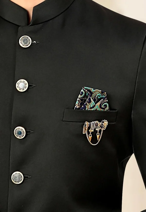 Solid Color Terry Rayon and Satin Jodhpuri Jacket in Black - Image 3