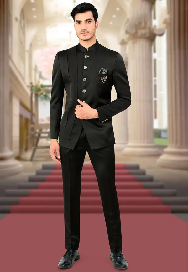 Solid Color Terry Rayon and Satin Jodhpuri Jacket in Black - Image 2