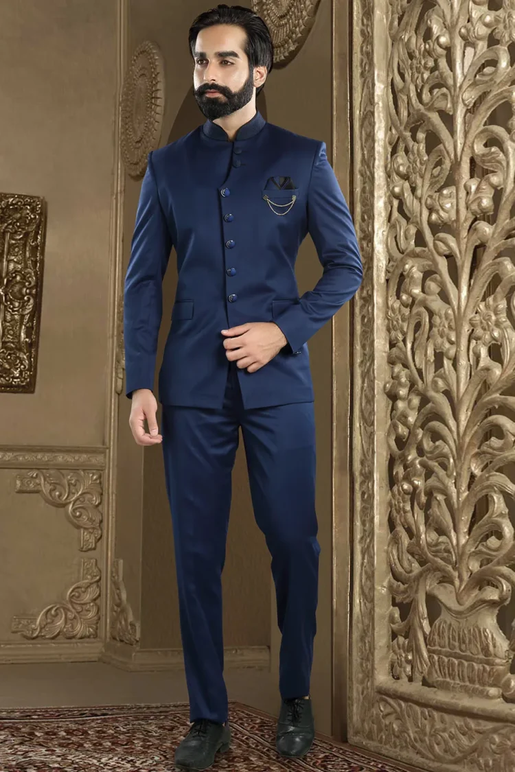 Solid Color Terry Rayon Jodhpuri Suit in Navy Blue