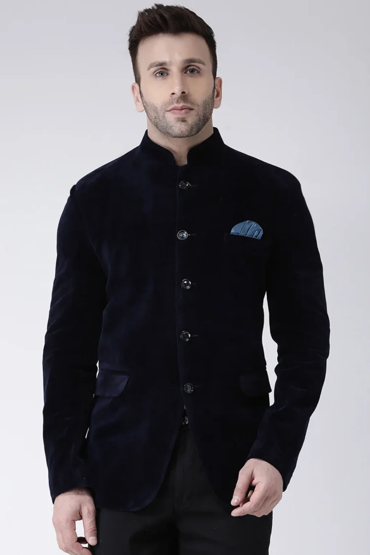 Solid Color Velvet Jodhpuri Jacket in Navy Blue