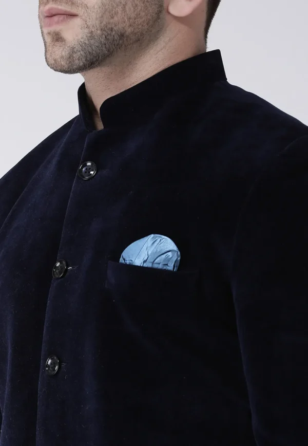Solid Color Velvet Jodhpuri Jacket in Navy Blue - Image 5