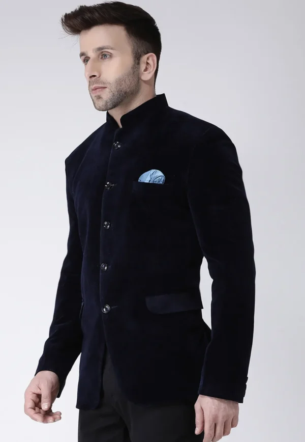 Solid Color Velvet Jodhpuri Jacket in Navy Blue - Image 4