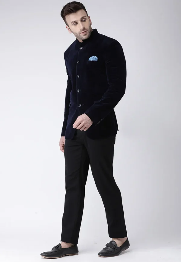 Solid Color Velvet Jodhpuri Jacket in Navy Blue - Image 2