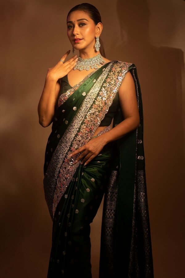 Castleton Green Zari Woven Floral Motif Satin Silk Saree - Image 4