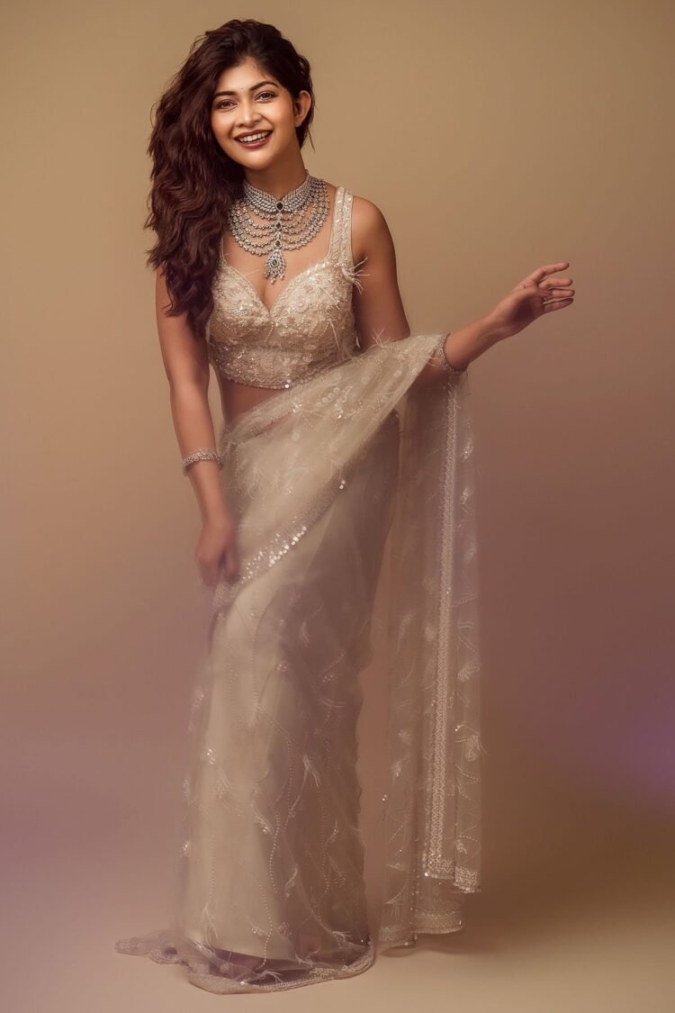 Coconut Milk Beige Pearl Embroidered Net Saree