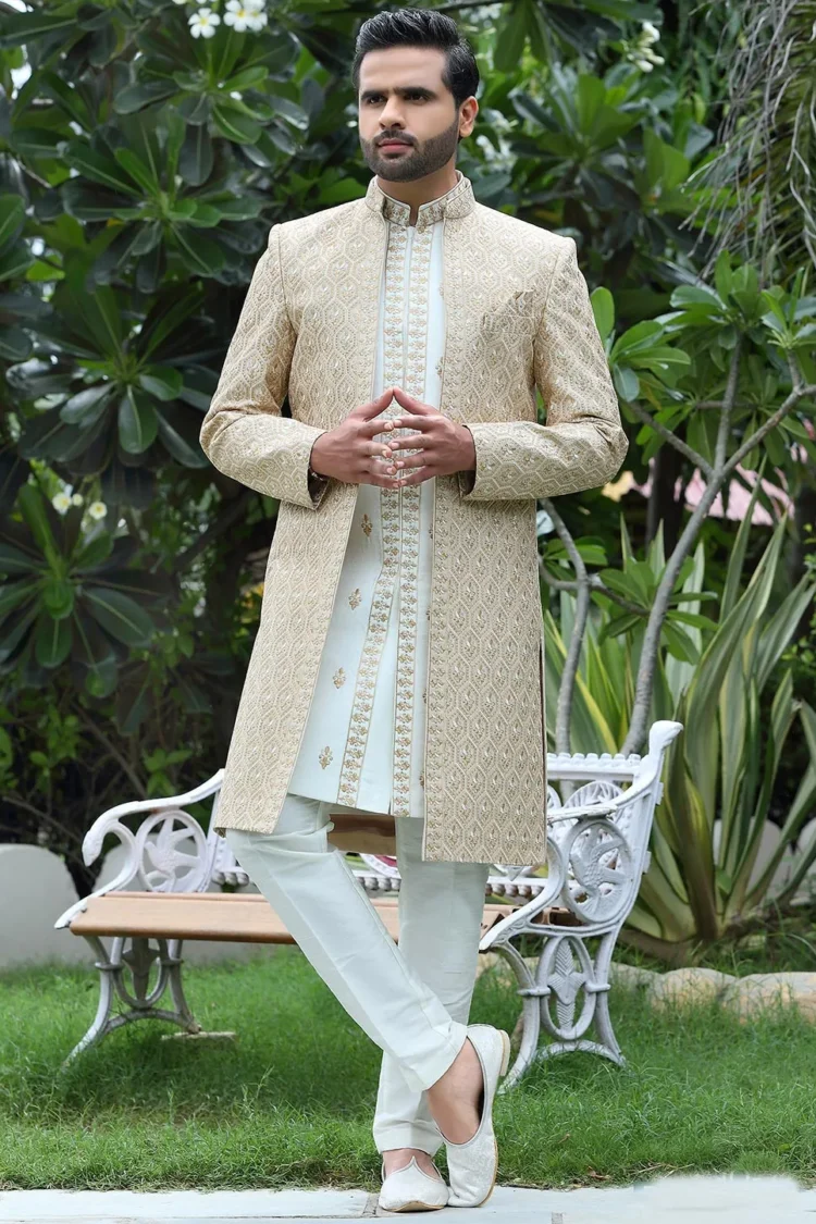 Woven Art Silk Jacket Style Sherwani in Cream and Off White