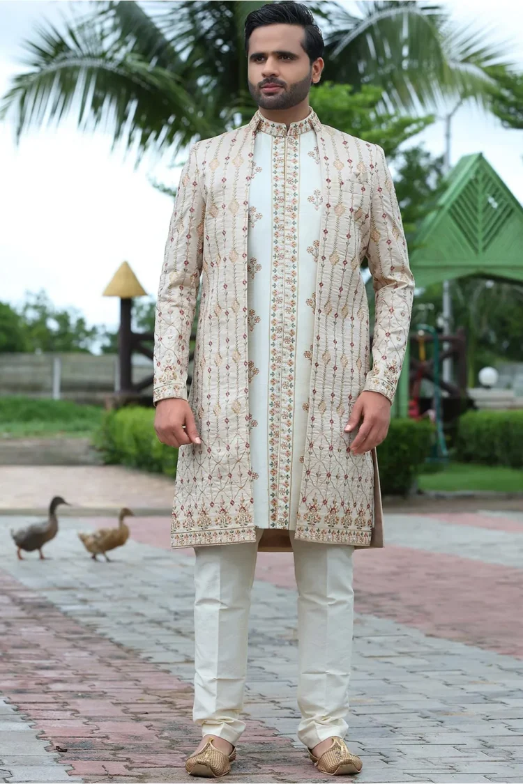 Woven Art Silk Jacket Style Sherwani in Off White